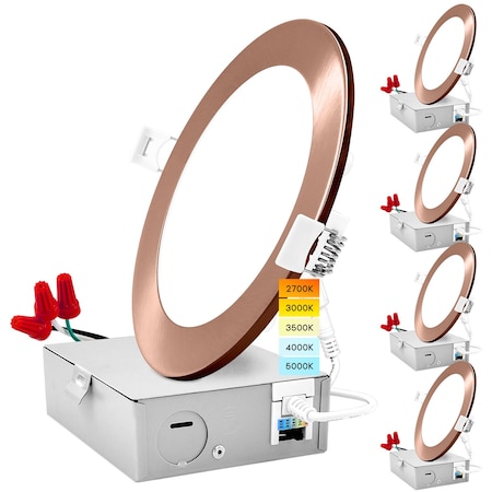 Luxrite 6" Ultra Thin LED Recessed Downlights 5 CCT Selectable 2700K-5000K 12W 1000LM Dimmable Copper 4-Pack LR23761 LR23778-4PK